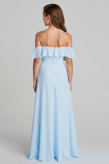 Bleu ciel Épaule dénudée en mousseline de soie A-ligne Robe de demoiselle d’honneur junior longue